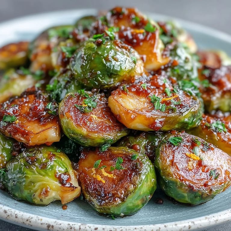 A close-up view of Irresistible Orange Maple Glazed Brussels Sprouts served on a rustic plate topped with fresh orange zest.