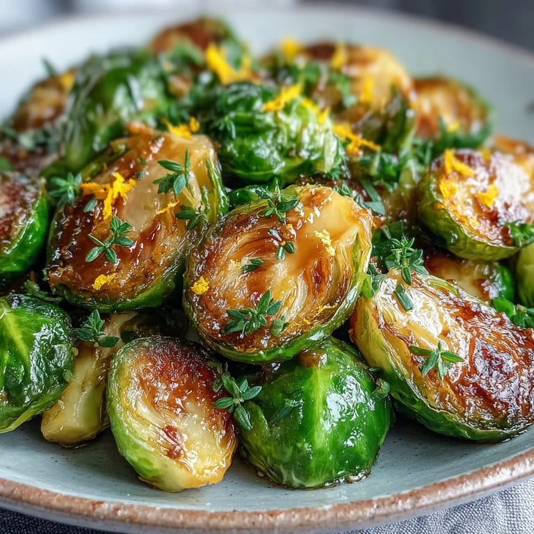 Caramelized Irresistible Orange Maple Glazed Brussels Sprouts tossed in a vibrant glaze with minced garlic on a wooden cutting board.