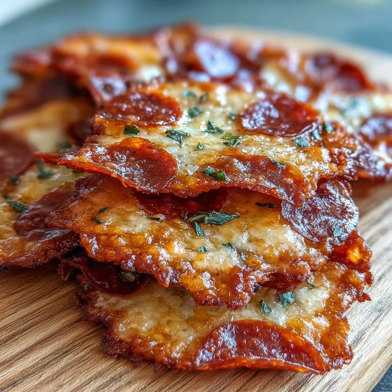 Freshly baked Pepperoni cheese crisps cool slightly on a parchment-lined tray, garnished with Italian seasoning for a savory aroma.