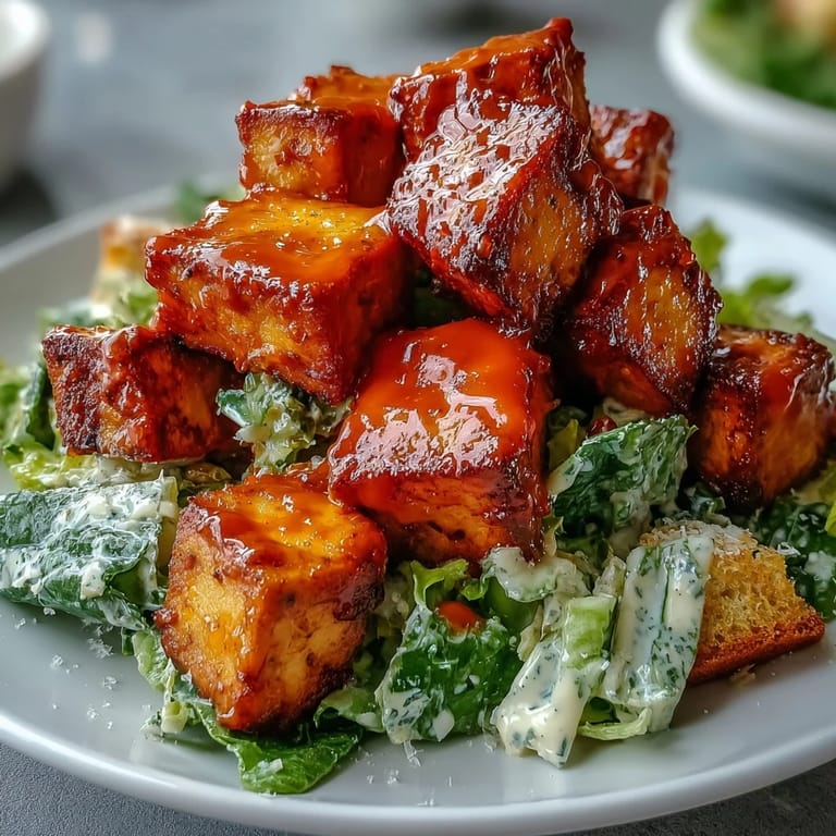 Spicy golden tofu tossed in zesty Buffalo sauce, arranged over a vibrant Caesar salad for weeknight dinner.