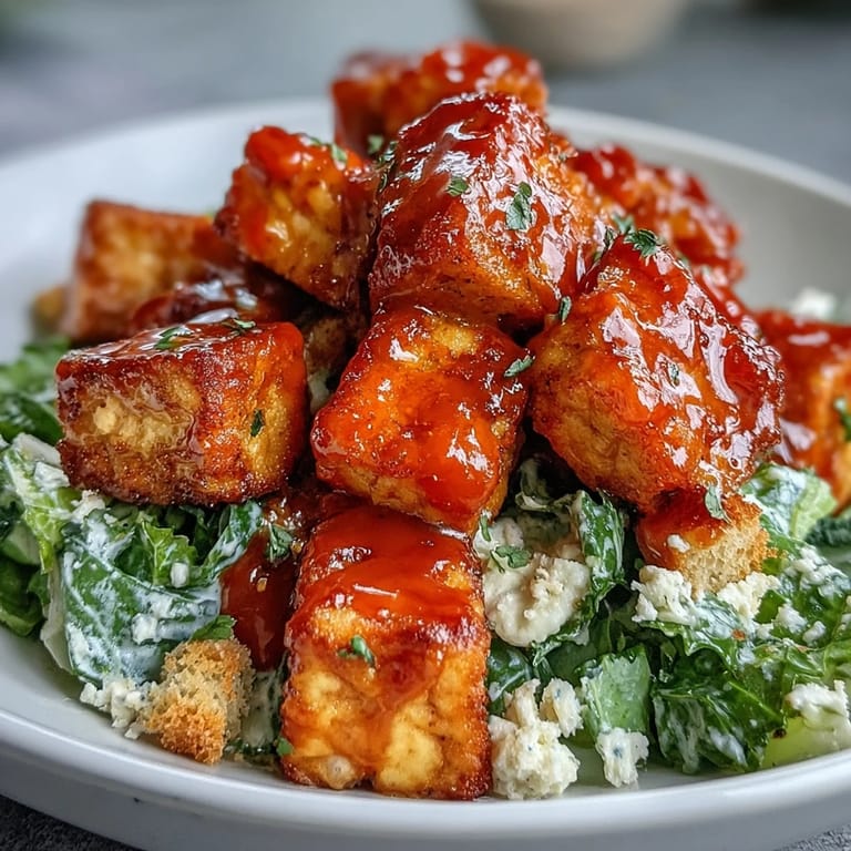 Buffalo tofu recipe served warm over crunchy croutons and fresh romaine, topped with grated Parmesan cheese.