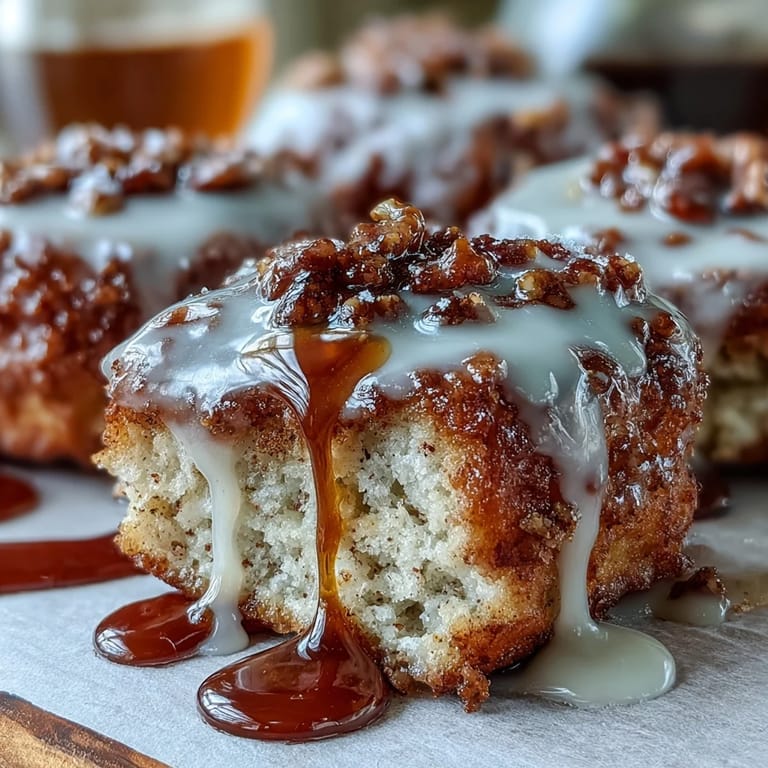 A stack of fluffy Maple Donut Bars drizzled with extra maple syrup, served beside a steaming cup of coffee.