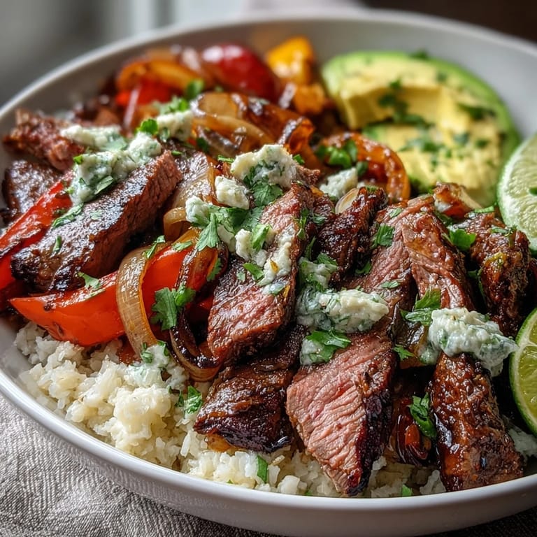 Fresh cilantro, avocado, and lime wedges garnish this vibrant, low-carb Steak Fajita Bowl for an easy weeknight dinner.
