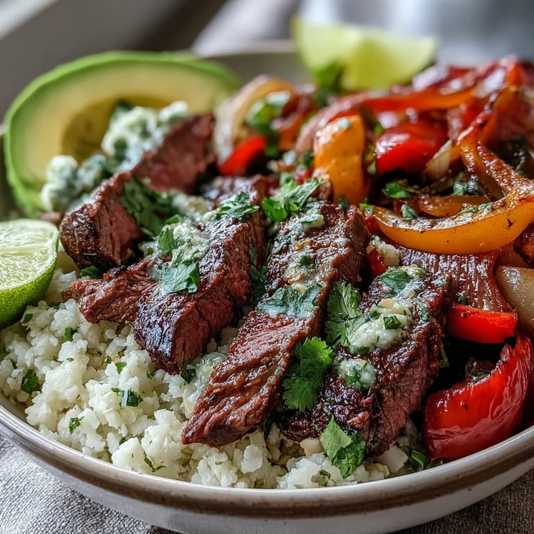 Tender steak and charred vegetables make this protein-packed Steak Fajita Bowl a hearty, gluten-free, low-carb family meal.