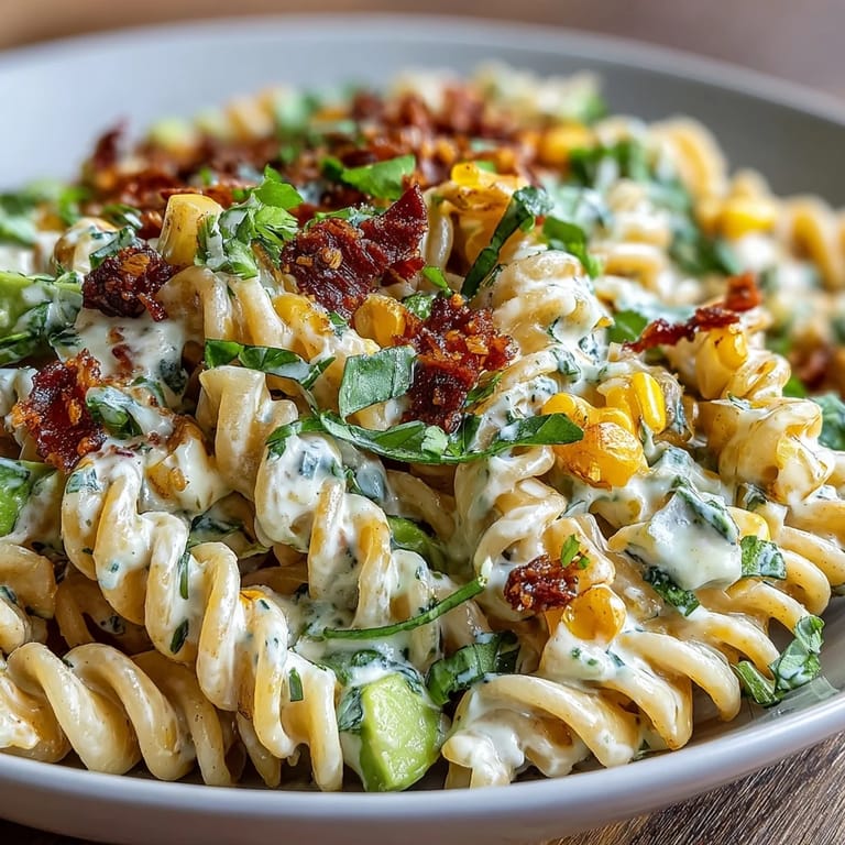 A bowl of Creamy Street Corn Pasta Salad with creamy cheese dressing, spicy cheddar, and cotija cheese, ready to serve at a summer BBQ.