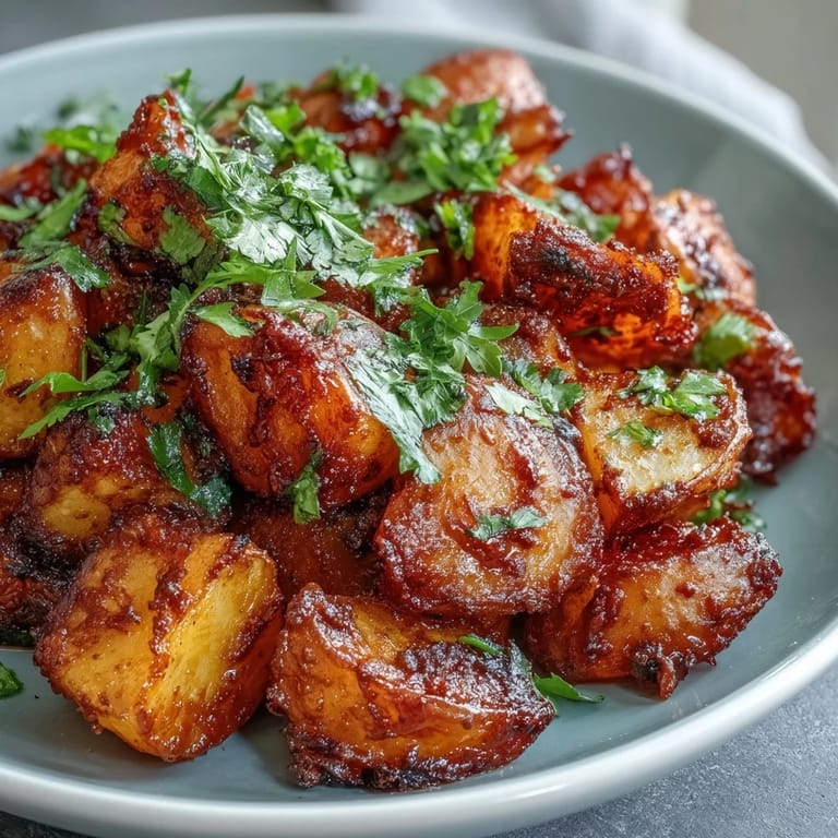 A close-up of spicy Mexican-Style Street Potatoes garnished with cilantro and lime wedges.