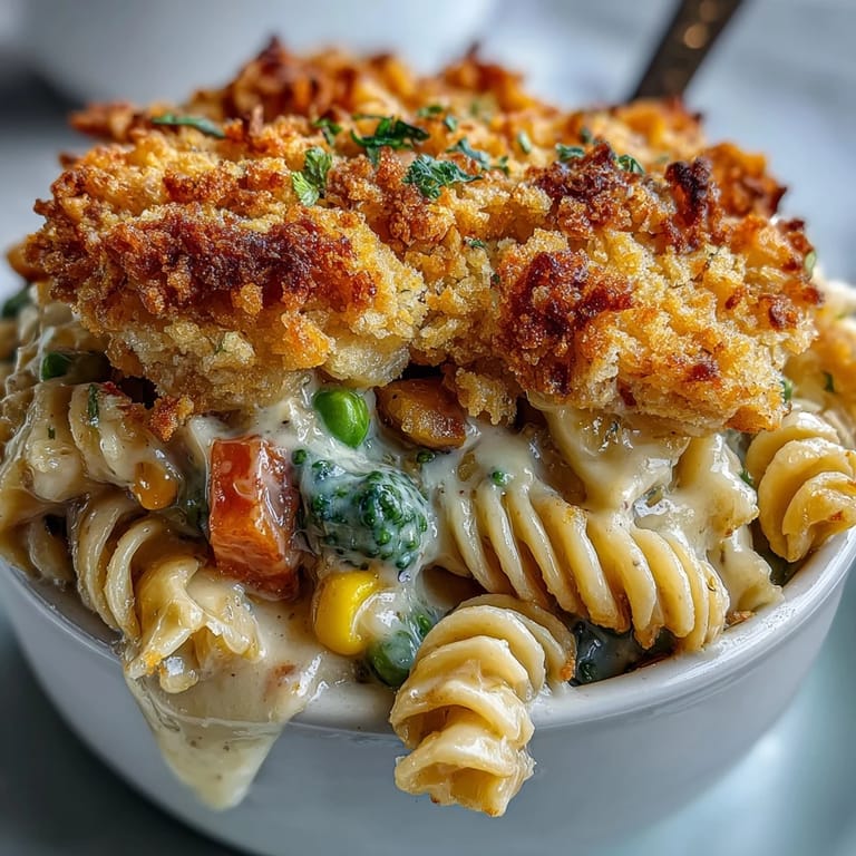 Creamy Veggie Pot Pie Pasta loaded with peas, corn, and tender carrots in a savory thyme sauce.
