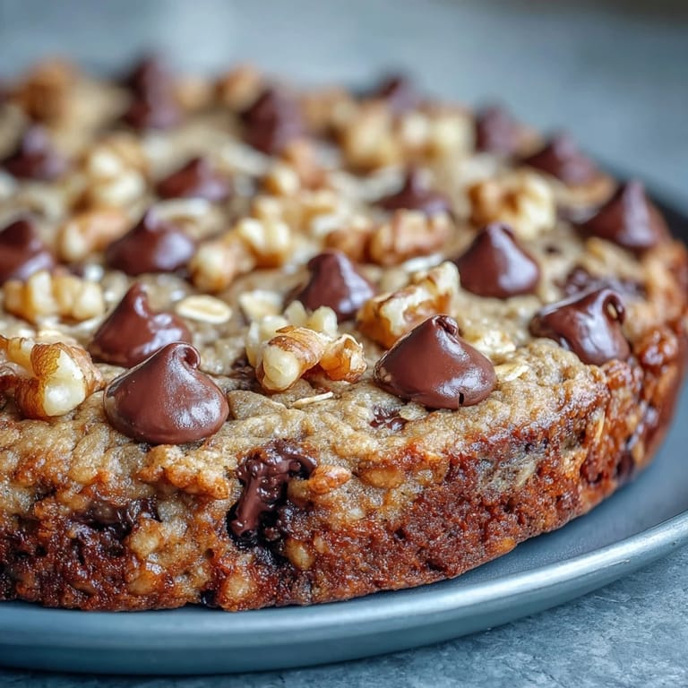 Close-up of a spoon scooping into a Chunky Monkey Oatmeal Cookie Skillet, revealing gooey dark chocolate and walnuts.