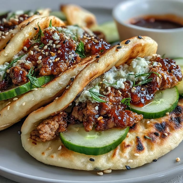 Soft naan wrapped around savory Korean turkey and cool cucumbers, drizzled with a vibrant red gochujang mayonnaise sauce.