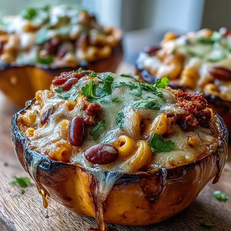 Four hearty stuffed squash halves are plated on a rustic wooden board, garnished with fresh cilantro and an extra glistening drizzle of hot honey.
