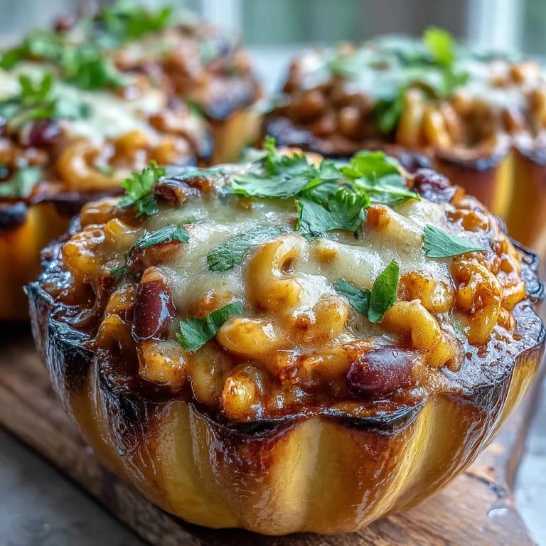 A single serving of Hot Honey Chili Mac Stuffed Squash reveals the spicy, cheesy macaroni filling spilling out of the tender, roasted acorn squash cavity.