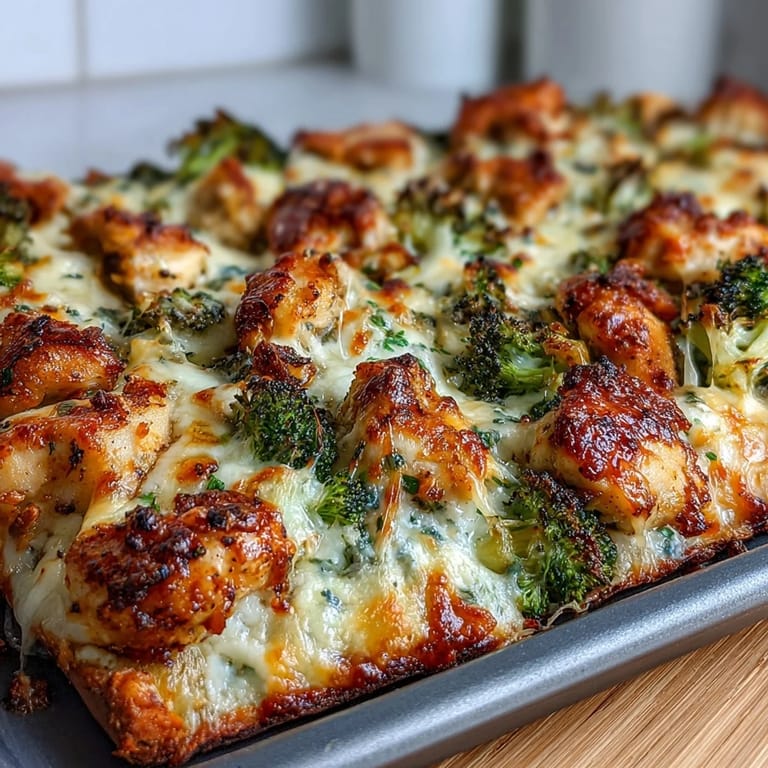 Sheet pan with juicy ranch chicken, roasted broccoli, and melted cheddar, garnished with fresh parsley for serving.