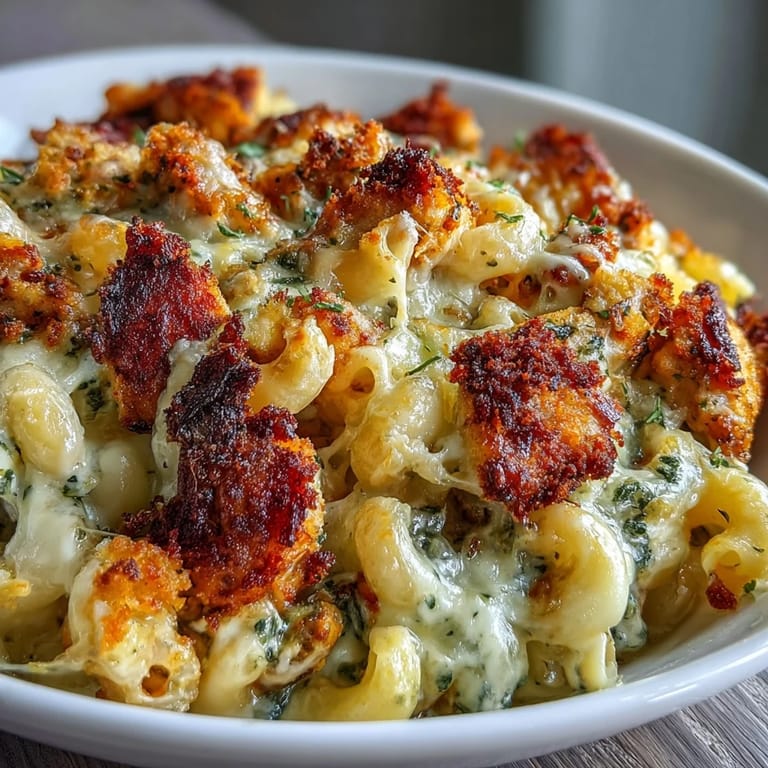 A spoon serves Baked Pesto Chicken Mac & Cheese onto a plate, revealing creamy pasta and tender chicken.