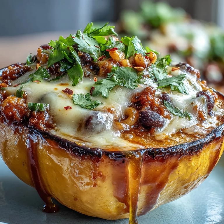 Comfort food presentation of Hot Honey Chili Mac Stuffed Squash served on a rustic wooden board.