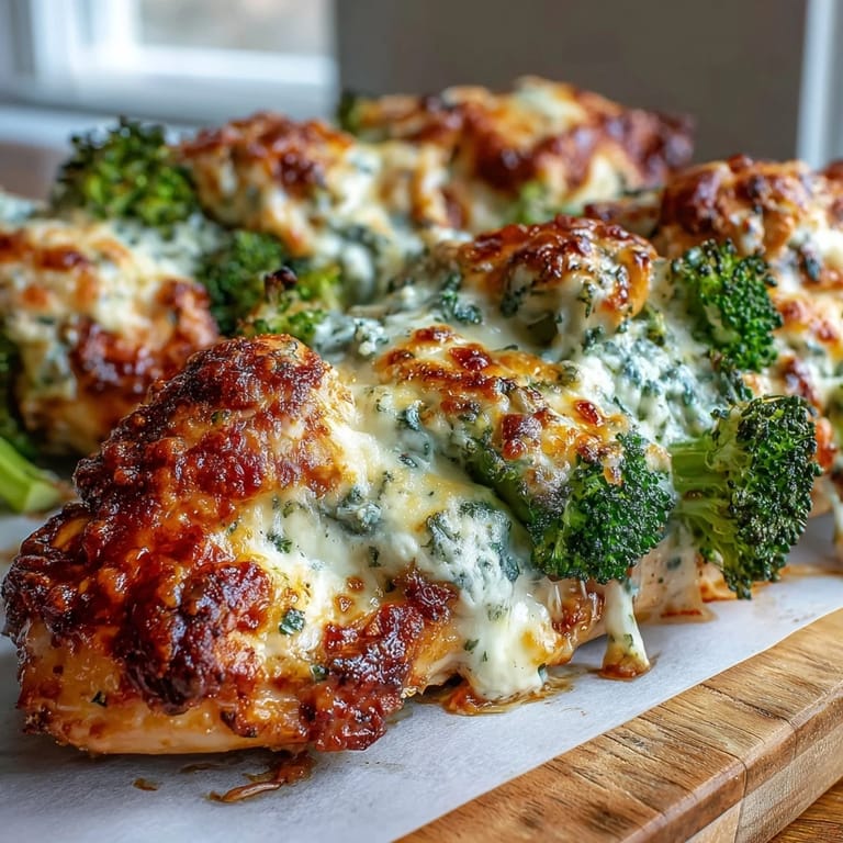 Freshly roasted Ranch Chicken & Broccoli Sheet Pan Melt with tender broccoli florets and juicy chicken breasts on a dinner plate.
