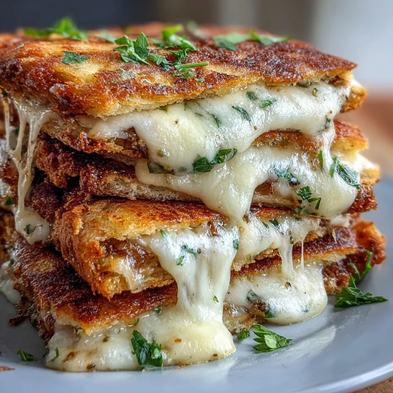 Up-close view of Brown Butter Garlic Naan Grilled Cheese showcasing fresh parsley and golden crust.