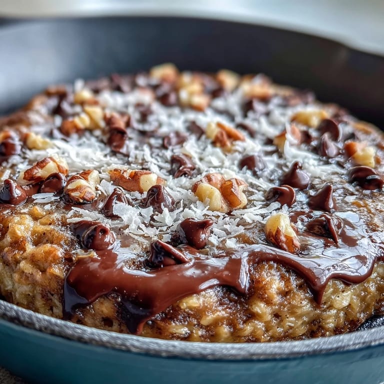 Fudgy chocolate chips and ripe banana chunks peek from a golden baked Chunky Monkey Oatmeal Cookie Skillet served directly from pan.