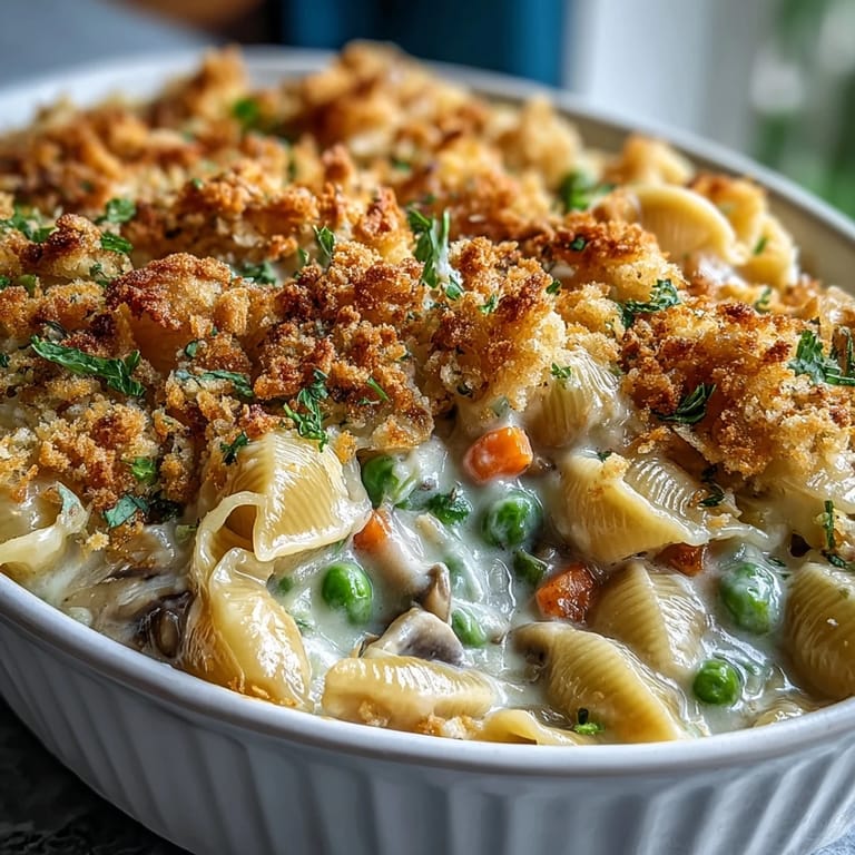 Savory Creamy Veggie Pot Pie Pasta served in a bowl with peas and corn peeking through the sauce.