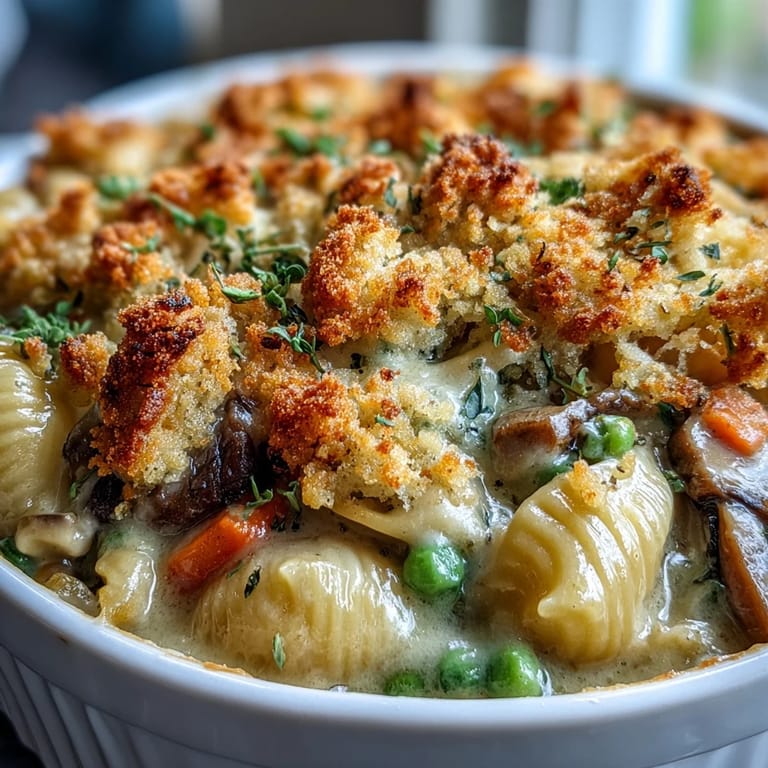 Easy weeknight dinner featuring Creamy Veggie Pot Pie Pasta with its bubbly, creamy vegetable filling.