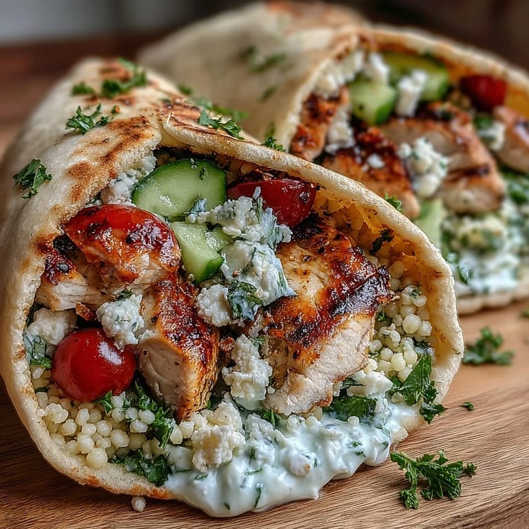 Freshly assembled Greek Chicken Feta Stuffed Pitas ready to eat, featuring tender chicken and vibrant Mediterranean ingredients.