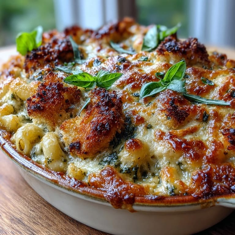 Fresh basil garnish atop a scoop of Baked Pesto Chicken Mac & Cheese with melted cheese.