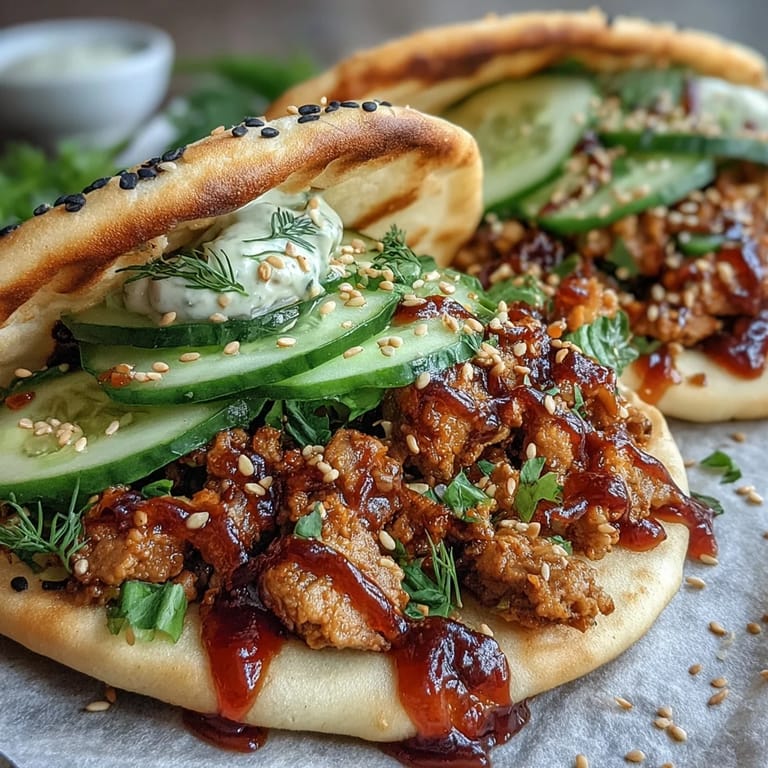 Korean Turkey Stuffed Naan Pockets filled with savory ground turkey and drizzled with spicy homemade gochujang mayo.