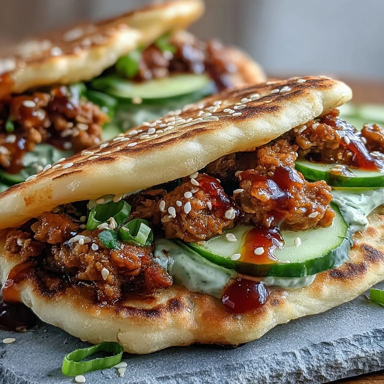 Golden toasted naan stuffed with Korean fusion turkey, fresh herbs, and sesame seeds served with lime wedges.