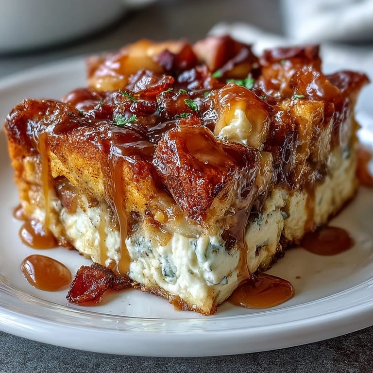 A slice of warm Caramel Apple Cheesecake Bread Pudding served with vanilla ice cream melting on top.