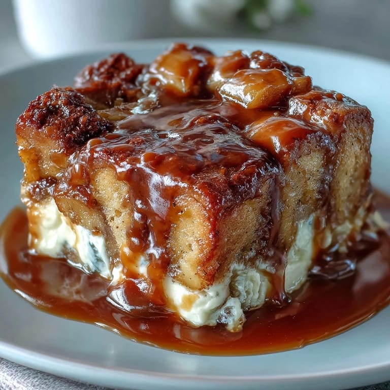 Gooey Caramel Apple Cheesecake Bread Pudding baked with tender apple chunks and creamy cheesecake filling.