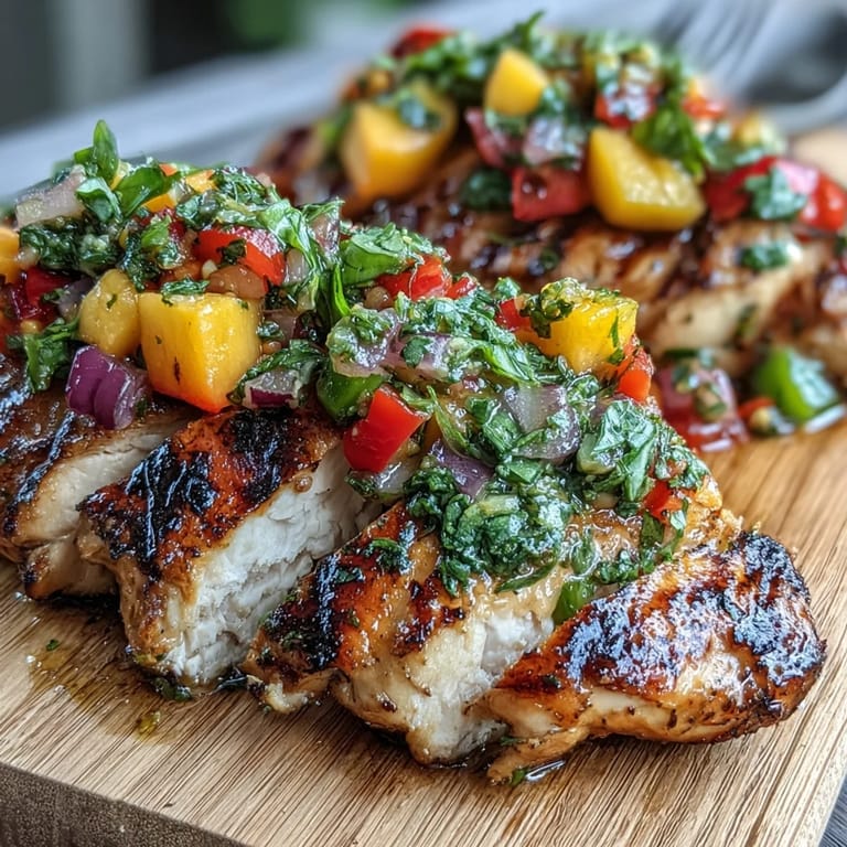 Juicy Grilled Chicken with Peach Basil Salsa served warm on a white plate, garnished with fresh basil leaves and a wedge of lime for brightness.