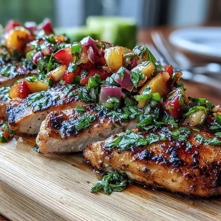 Close-up of sliced Grilled Chicken with Peach Basil Salsa revealing tender meat and sweet-and-savory chunky salsa, perfect for a healthy weeknight dinner.