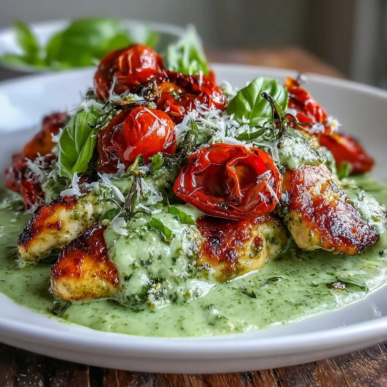 Bright, appetizing photo showing Keto Creamy Pesto Chicken with Roasted Tomatoes served on a plate, garnished with fresh basil and ready to enjoy as a low-carb dinner.