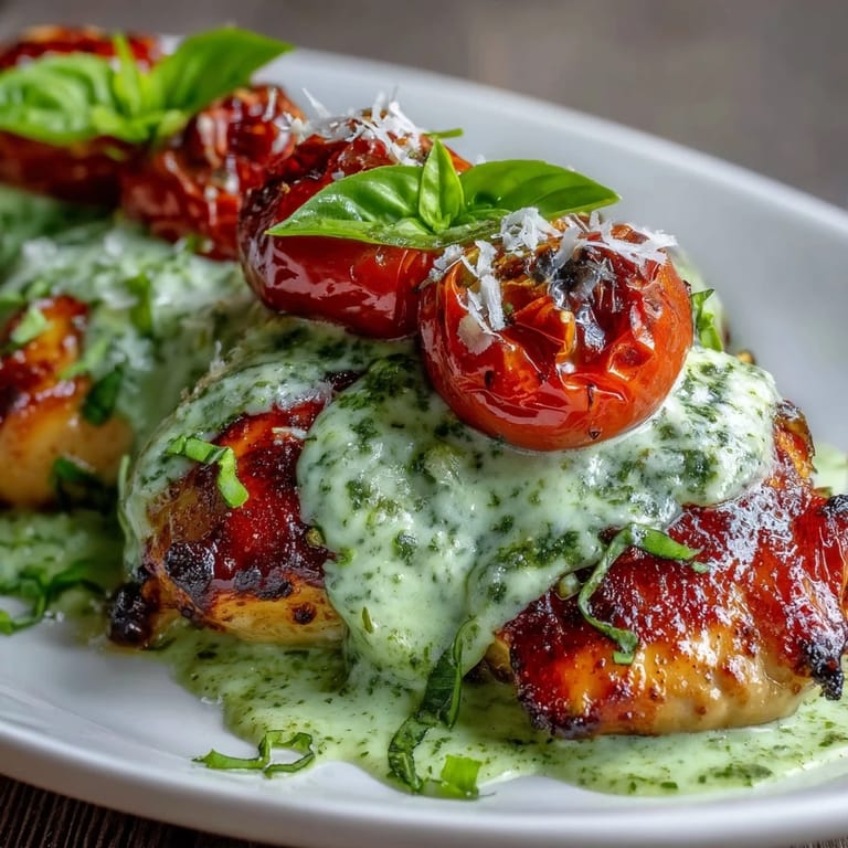 Overhead view of Keto Creamy Pesto Chicken with Roasted Tomatoes in a skillet, revealing juicy roasted tomatoes and creamy pesto sauce ideal for weeknight family meals.