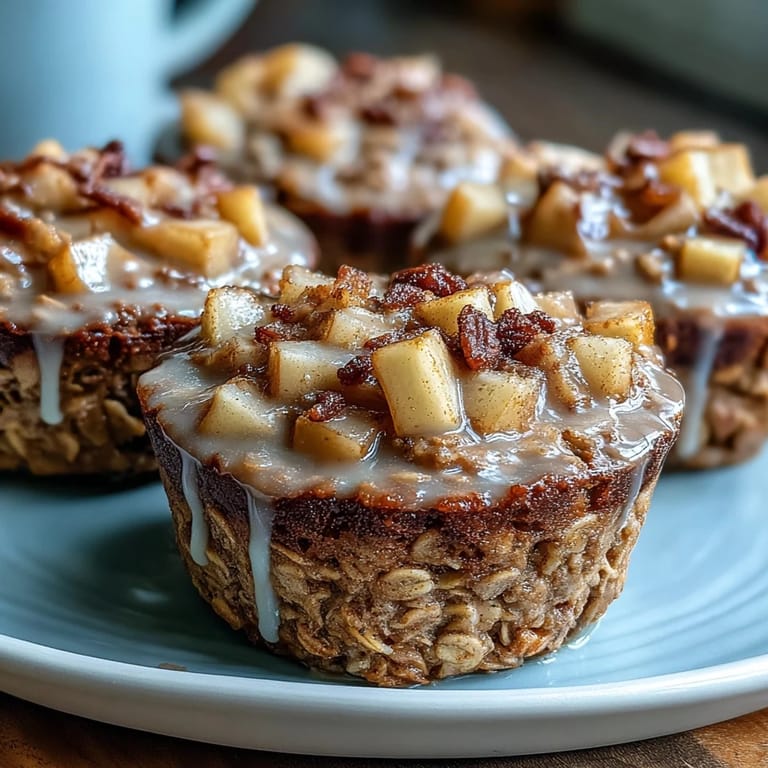 These Vegan Apple Cinnamon Baked Oatmeal Cups are fresh from the oven, showing golden edges and tender apple chunks on a rustic wooden board.