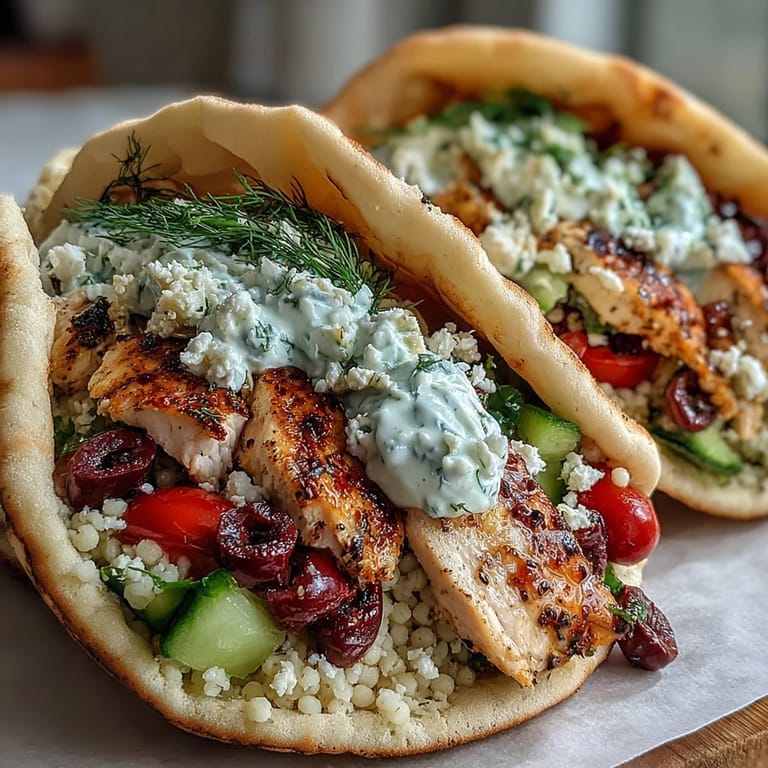 Close-up of a hand holding an open Greek Chicken Feta Stuffed Pita, revealing fluffy couscous and cool tzatziki sauce.