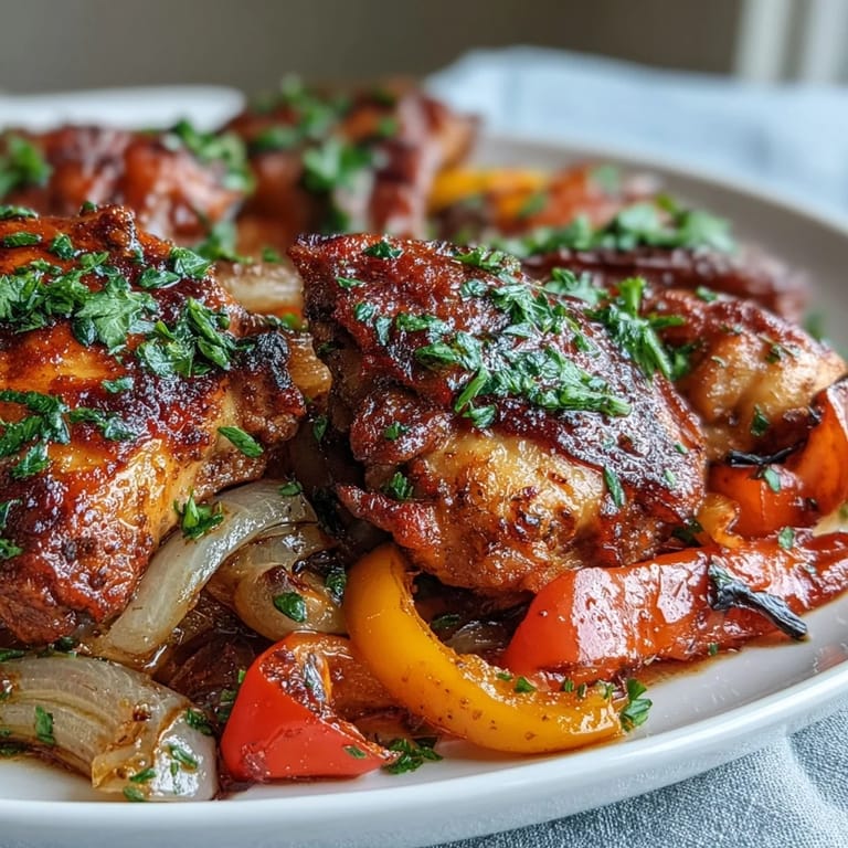Golden One-Pan Paprika Chicken thighs with crispy skin alongside vibrant peppers and onions on a rustic serving platter.