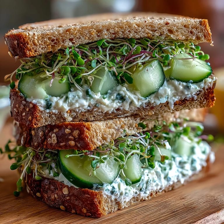 Light and refreshing cucumber salad sandwiches, packed with tangy feta, lemon zest, and sprouts for a healthy lunch.  