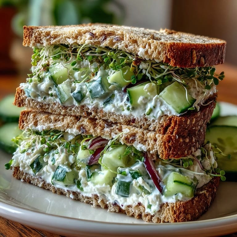 Wholesome cucumber salad sandwiches featuring crunchy cucumber, red onion, and alfalfa sprouts layered on hearty whole-grain bread.