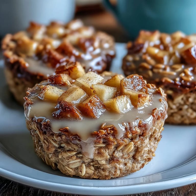 A close-up of a Vegan Apple Cinnamon Baked Oatmeal Cup, with steam rising and warm cinnamon aroma suggested beside a cup of coffee.