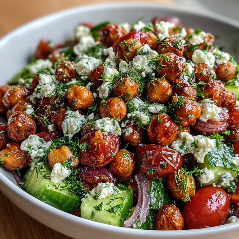 Crisp cucumbers, juicy cherry tomatoes, and creamy feta combine in this vibrant Mediterranean chickpea salad, perfect for a light meal.
