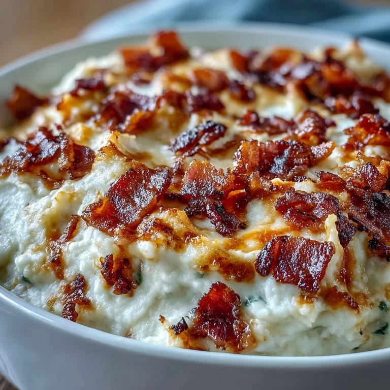 Low-carb mashed cauliflower with melted cheddar and crunchy bacon bits, garnished with fresh chives.