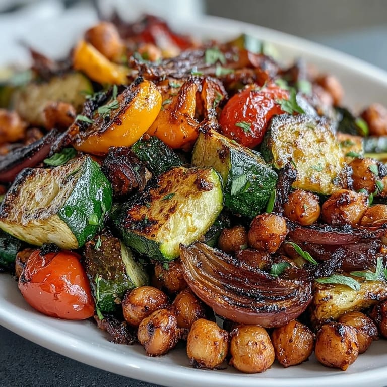 Bright and zesty roasted vegetable medley with chickpeas, featuring tender zucchini, bell peppers, and tomatoes tossed in lemon garlic dressing.