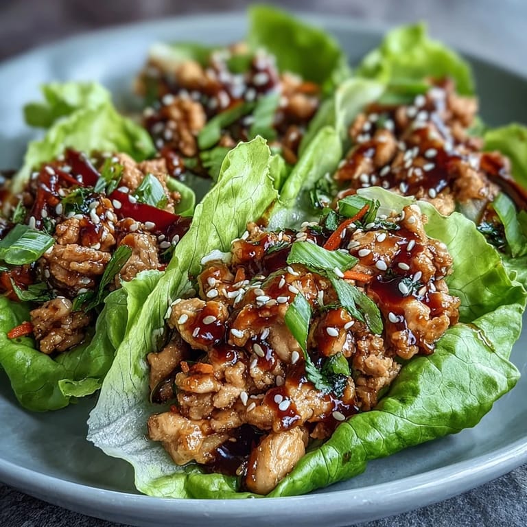 Colorful lettuce wraps filled with lean ground chicken, zesty hoisin sauce, and fresh vegetables, perfect for healthy appetizers.