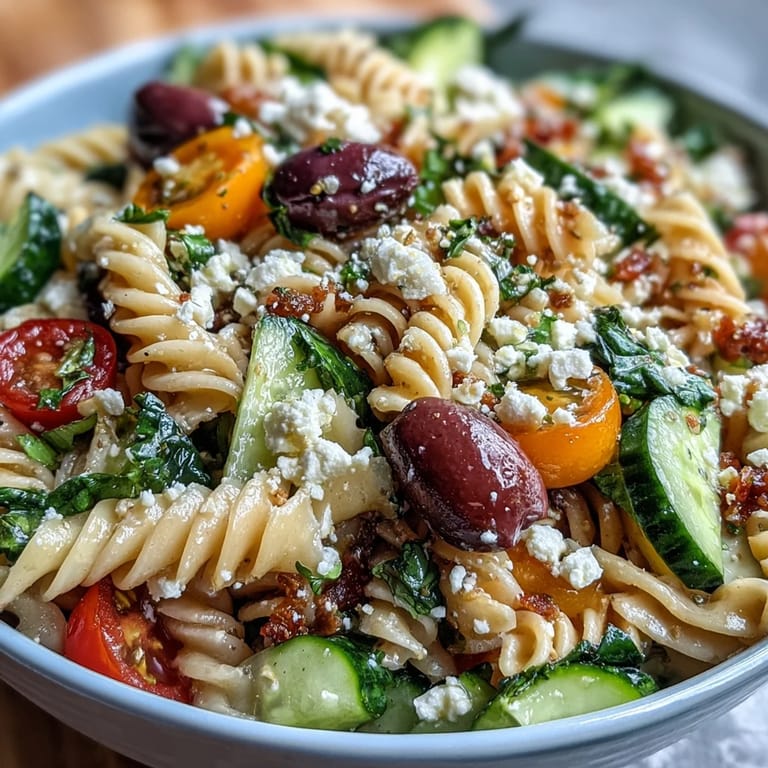 Fresh whole grain pasta tossed with crisp vegetables, tangy olives, and creamy light feta in a Mediterranean-inspired salad.