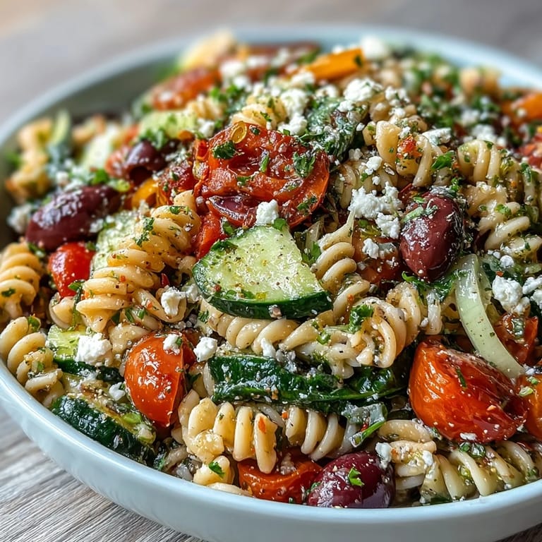 Vibrant Summer Slim Greek Pasta Salad featuring crunchy veggies, kalamata olives, and crumbled light feta for a refreshing meal.