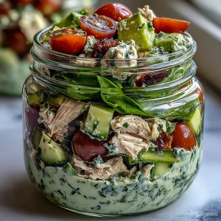 Layered keto avocado chicken salad in mason jars, featuring diced avocado, cherry tomatoes, and spinach, dressed with zesty lime and olive oil.