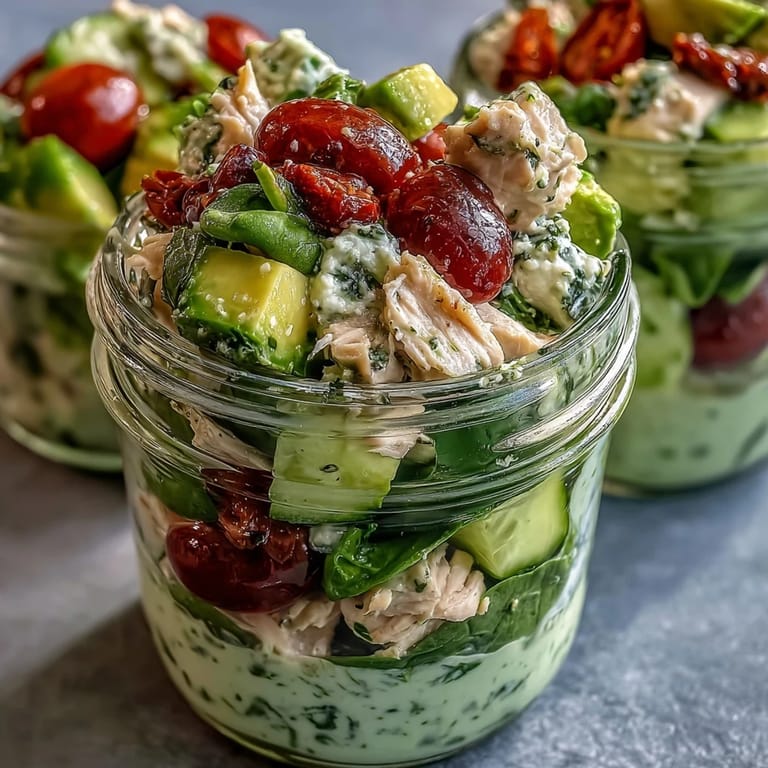 Protein-packed keto avocado chicken salad mason jars, combining shredded chicken, cucumber, and red onion for a mayo-free, low-carb meal prep.