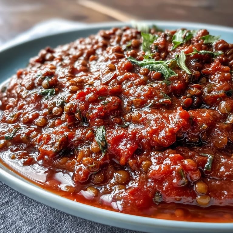 Rich plant-based lentil Bolognese sauce ladled generously over colorful spiralized zucchini and carrot noodles.  
