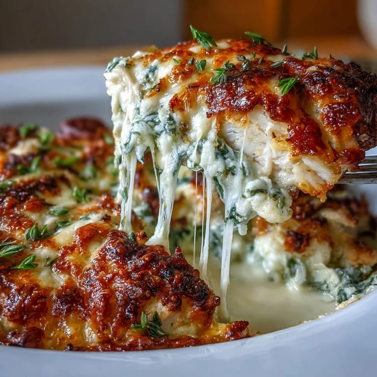 Low-carb spinach artichoke chicken casserole baked until melty, with fresh spinach and artichokes over seasoned chicken.