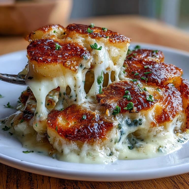 Decadent creamy smashed potato gratin, featuring golden roasted potatoes, fragrant herbs, and melted cheese for a French-inspired side.